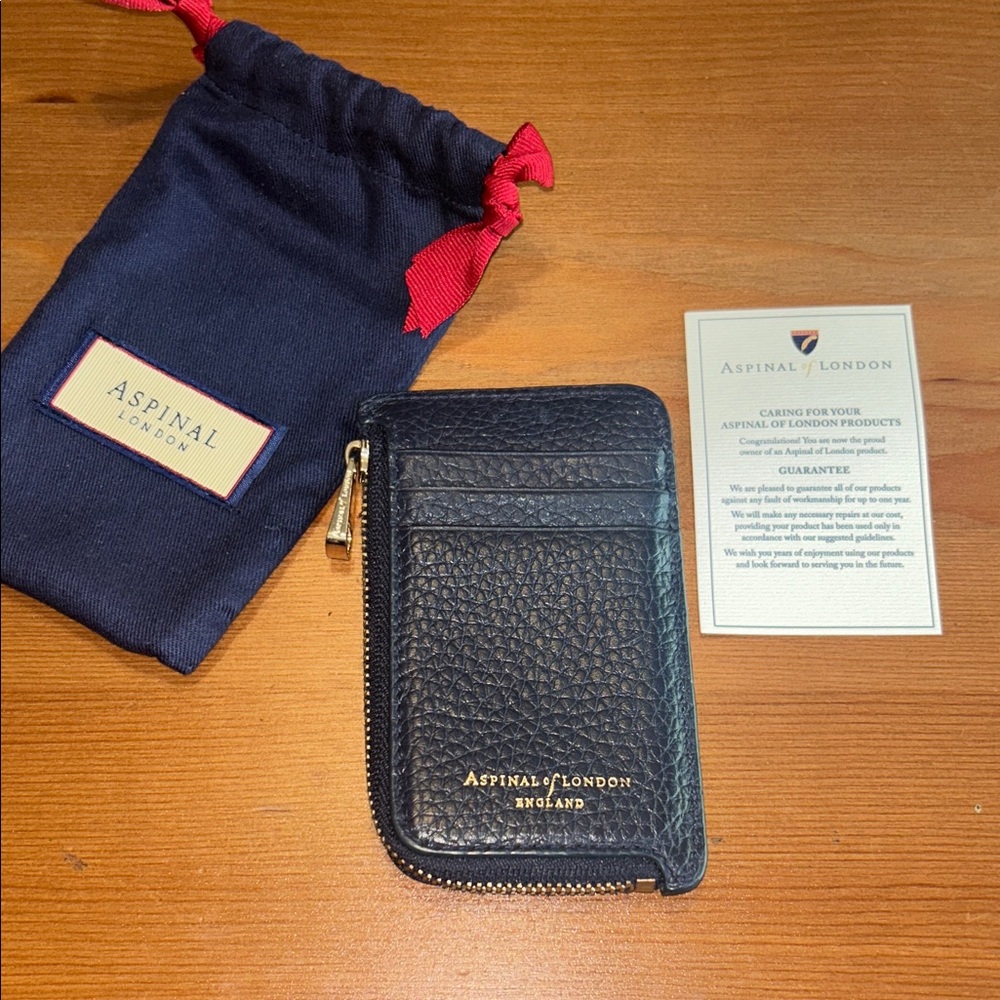 Aspinal of London Navy Leather Card Holder with Zipper and Storage Pouch